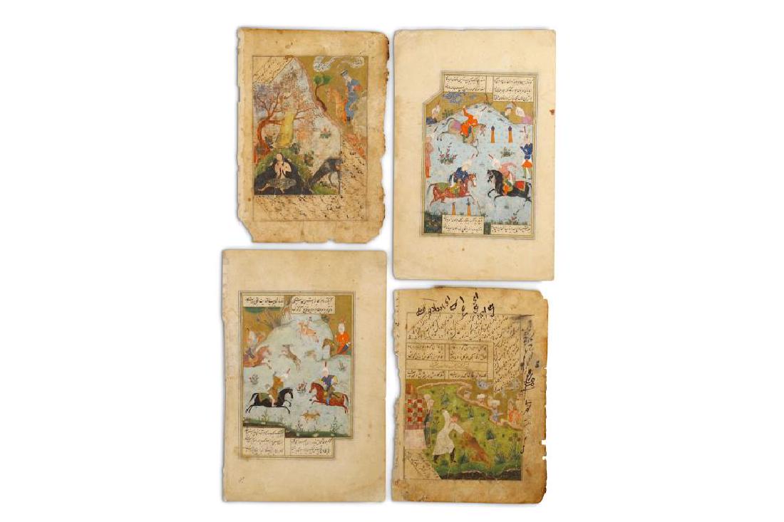 FOUR LOOSE ILLUSTRATED FOLIOS WITH POETRY Timurid and: FOUR LOOSE ILLUSTRATED FOLIOS WITH POETRY Timurid and Safavid Iran, 15th - 16th century Four folios from a Turkic manuscript in nasta'liq script, illuminated with Safavid polo players observed by at
