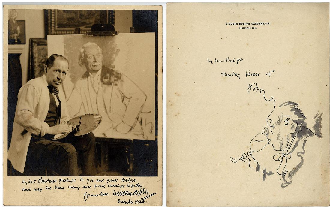 Orpen (William) Autograph letter to Mr. Walter James: Orpen (William) Autograph letter to Mr. Walter James Badger, Chief Inspector of the Pullman Car Co. Ltd, with original sketch of a man drinking from a glass, on headed note paper from 8 South Bolton G