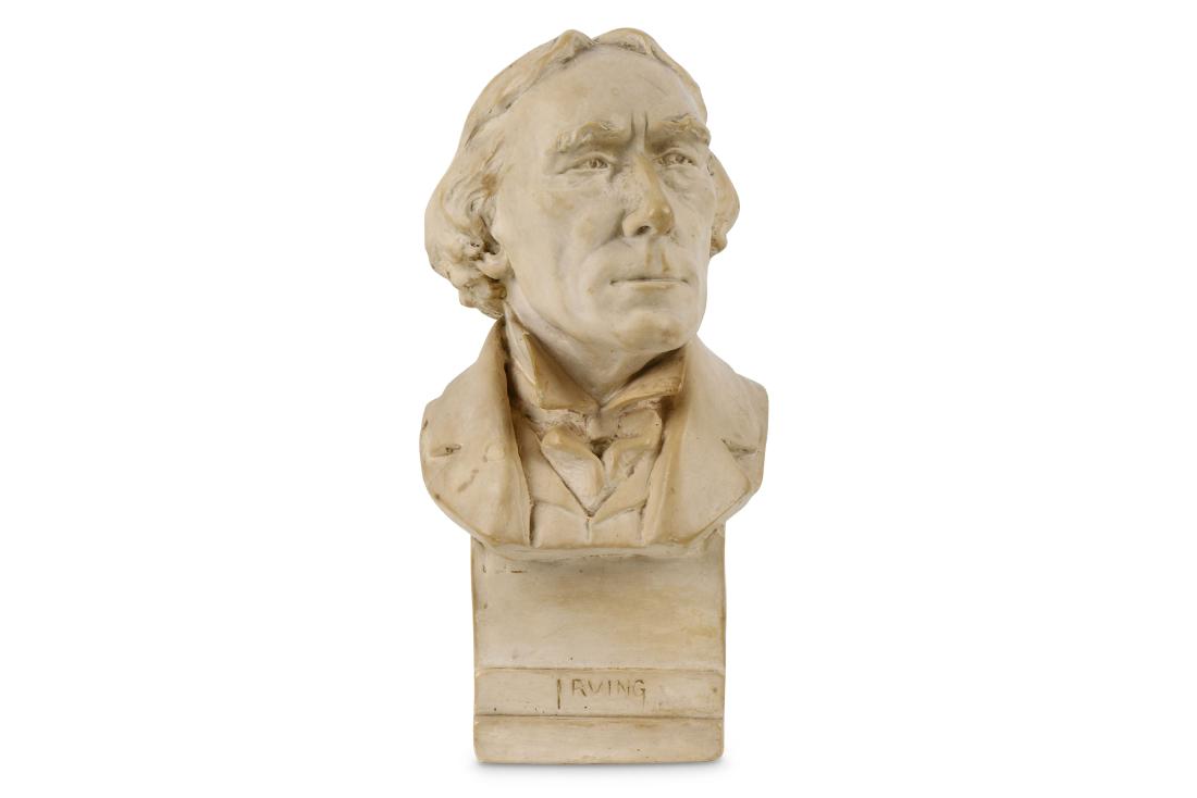 Lindner (Doris) Plaster bust of Henry Irving, 'Doris: Lindner (Doris) Plaster bust of Henry Irving, 'Doris Lindner 1917' incised on the base, with small repair to collar, height 28 cm approx; with plaster bust of Ellen Terry as Portia, height 24.7 cm (2)