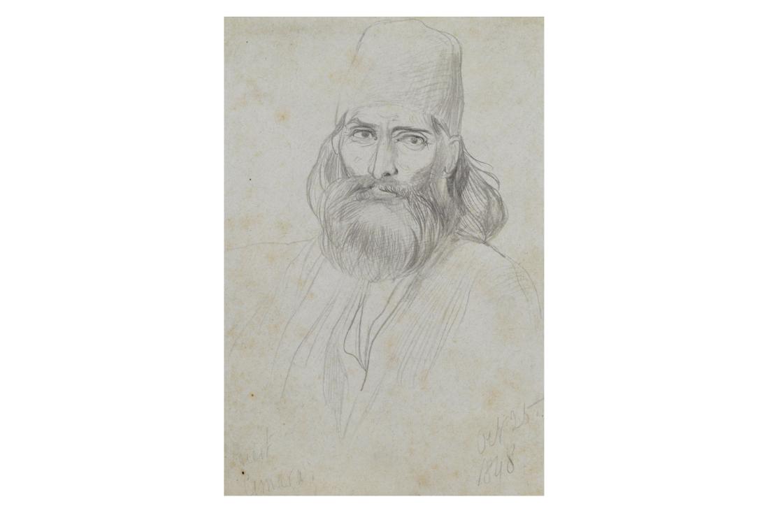 EDWARD LEAR (BRITISH 1812-1888): EDWARD LEAR (BRITISH 1812-1888) Study of an Albanian man from Cimara Indistinctly inscribed - Pacert Cimara lower left and dated Oct 25 / 1848 lower right Pencil 14.5 x 9.8cm (5 3/4 x 3 7/8in) Edward