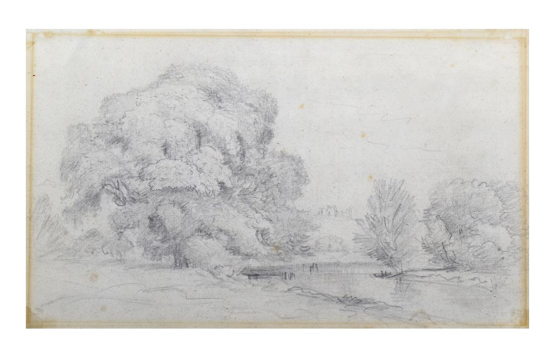 JOHN CONSTABLE RA (BRITISH 1776-1837): JOHN CONSTABLE RA (BRITISH 1776-1837) A River Landscape: A group of tall trees on the left, a bend of the river with willows on the far bank on the right, in the background a hill with a castle Pencil