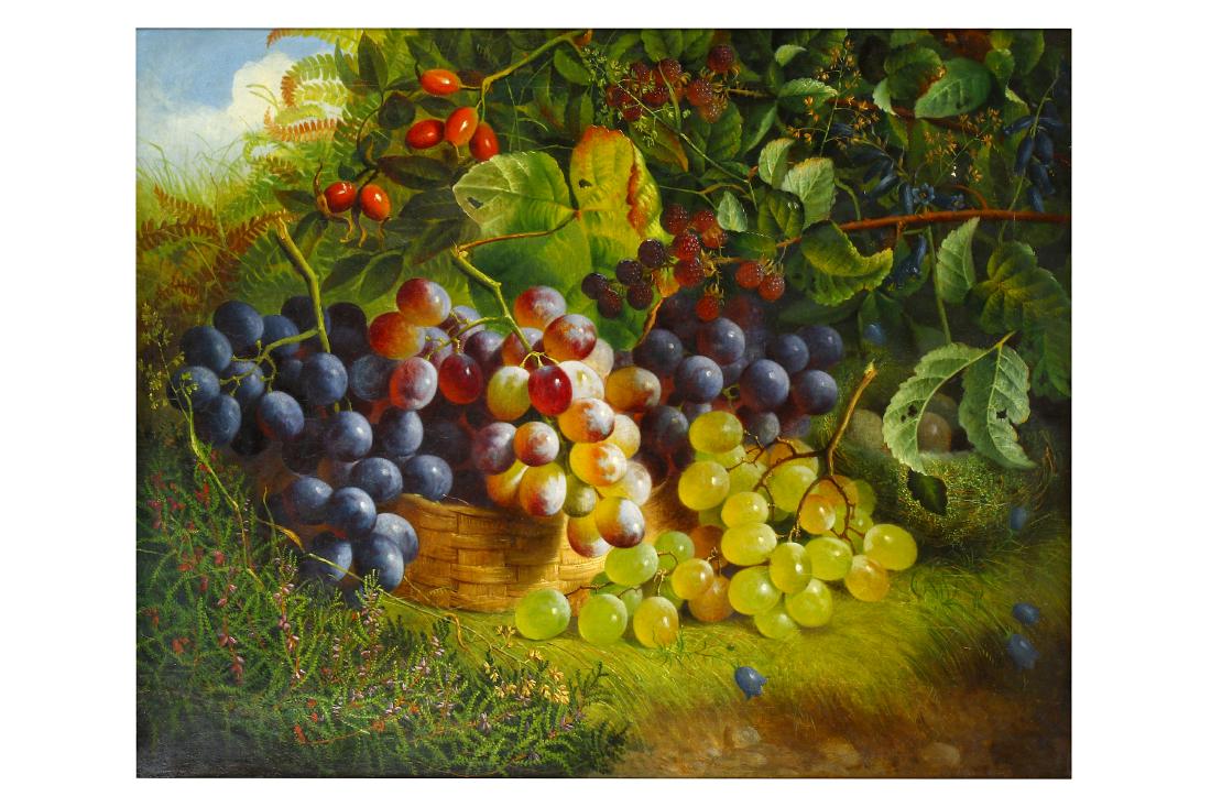 CHARLES STUART (BRITISH 1854-1904): CHARLES STUART (BRITISH 1854-1904) Still life of grapes and raspberry's in a wicker basket amongst foliage Signed Charles Stuart lower left Oil on canvas 44 x 54cm (17 1/4 x 21 1/4in)