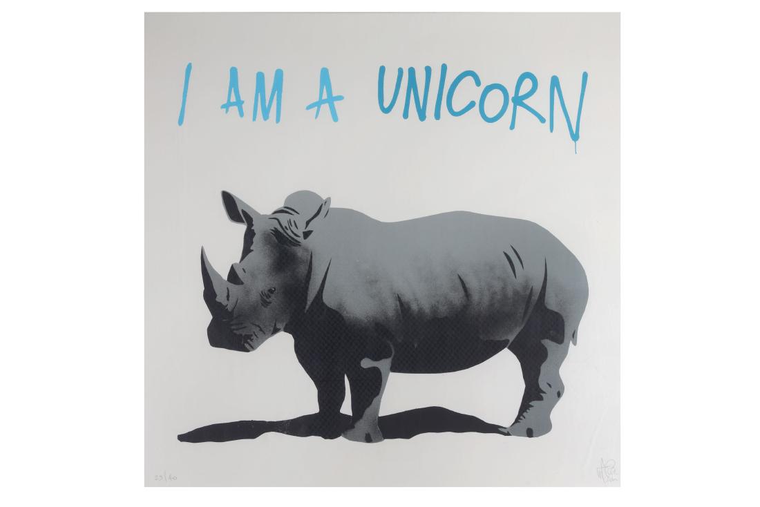 Pure Evil (British), I Am A Unicorn': Pure Evil (British b.1968) 'I Am A Unicorn' 2018 Screenprint in colours on Coventry Rag Vellum 290 gsm paper Signed and numbered from an edition of 100 in pencil 70 x 70cm ARR