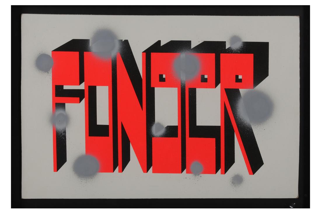 Barry McGee (American), 'Fonger': Barry McGee (American) 'Fonger' Spray paint and silkscreen on cardboard 30.5 x 45.7 cm Framed ARR