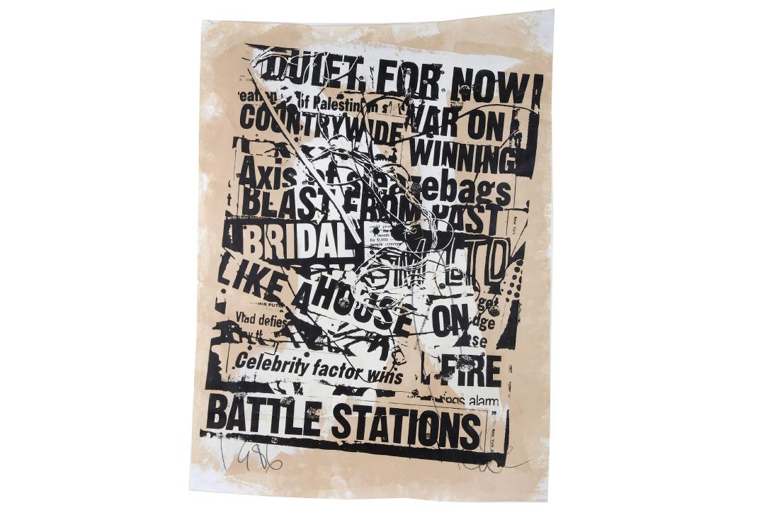 Faile (Collective), 'Quiet For Now': Faile (Collective) 'Quiet For Now' 2007 Screenprint on distressed paper Edition of 2 Signed and hand finished 107 x 76 cm Framed ARR