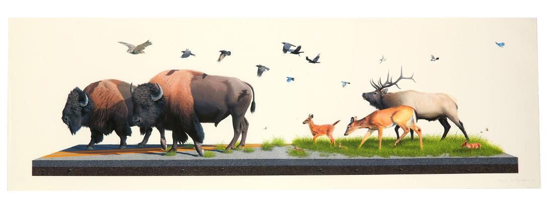 Josh Keyes (American b.1969), 'Sowers': Josh Keyes (American b.1969) 'Sowers' 2012 Screenprint in colours Signed, titled, dated and numbered Edition of 350 in pencil 40 x 122cm ARR