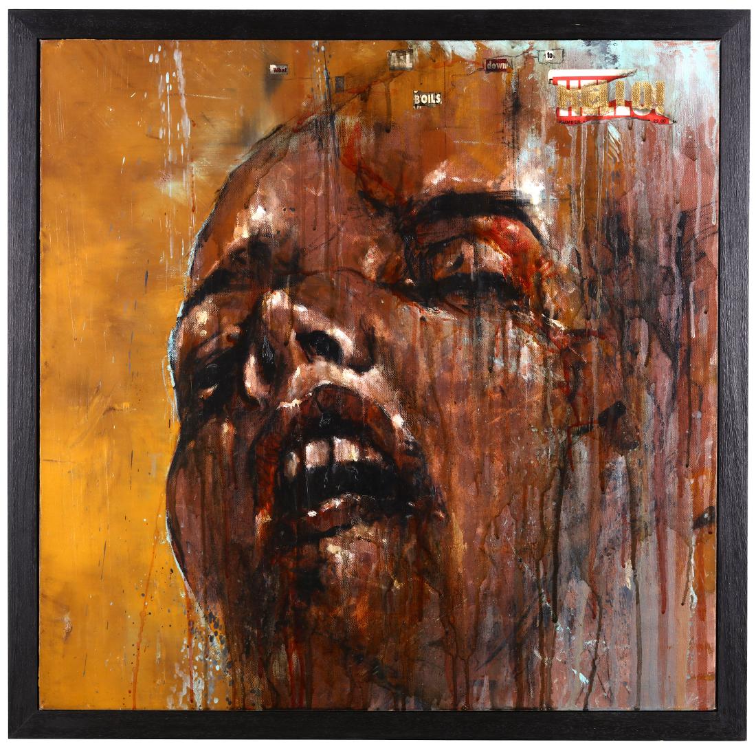 Guy Denning (British b.1965), 'What It All Boils Down: Guy Denning (British b.1965) 'What It All Boils Down To' 2011 Mixed media on canvas Signed, titled and dated verso 66 x 66cm including frame ARR