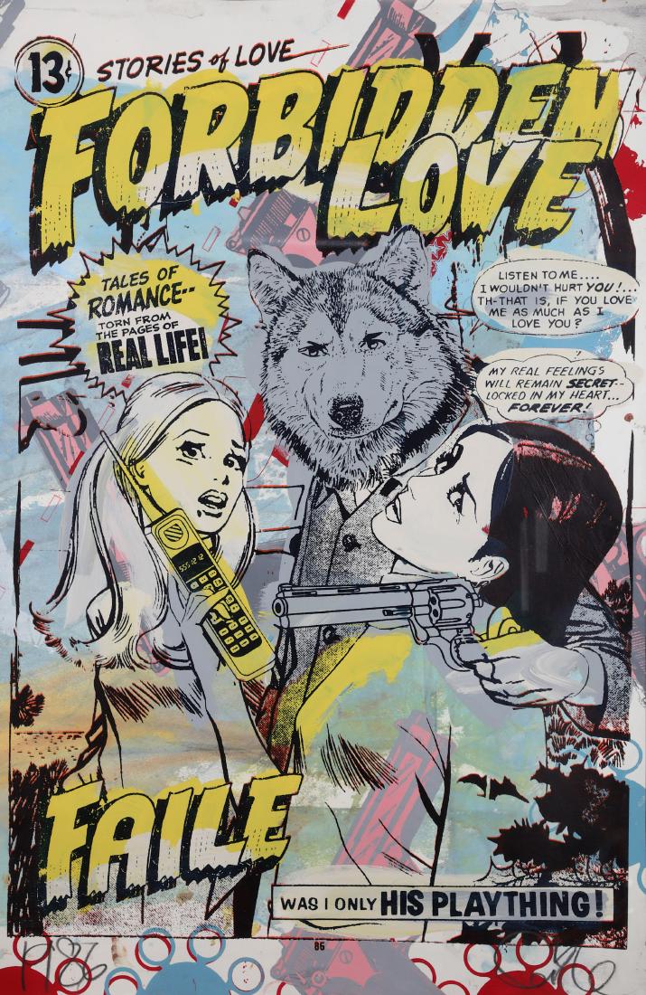 Faile (Collective), 'Forbidden Love': Faile (Collective) 'Forbidden Love' 2008 A unique, acrylic and screenprint on paper Signed and inscribed in pencil 108 x 75cm including frame ARR