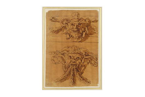 FRANCOIS GIRARDON (TROYES 1628-1715 PARIS): FRANCOIS GIRARDON (TROYES 1628-1715 PARIS) Two grotesque heads: designs for ormolu furniture mounts Pen and ink with wash on brown laid paper 23.8 x 33.7cm (9 1/4 x 13 1/4in) Provenance: Paul Wallraf,