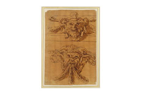 FRANCOIS GIRARDON (TROYES 1628-1715 PARIS): FRANCOIS GIRARDON (TROYES 1628-1715 PARIS) Two grotesque heads: designs for ormolu furniture mounts Pen and ink with wash on brown laid paper 23.8 x 33.7cm (9 1/4 x 13 1/4in) Provenance: Paul