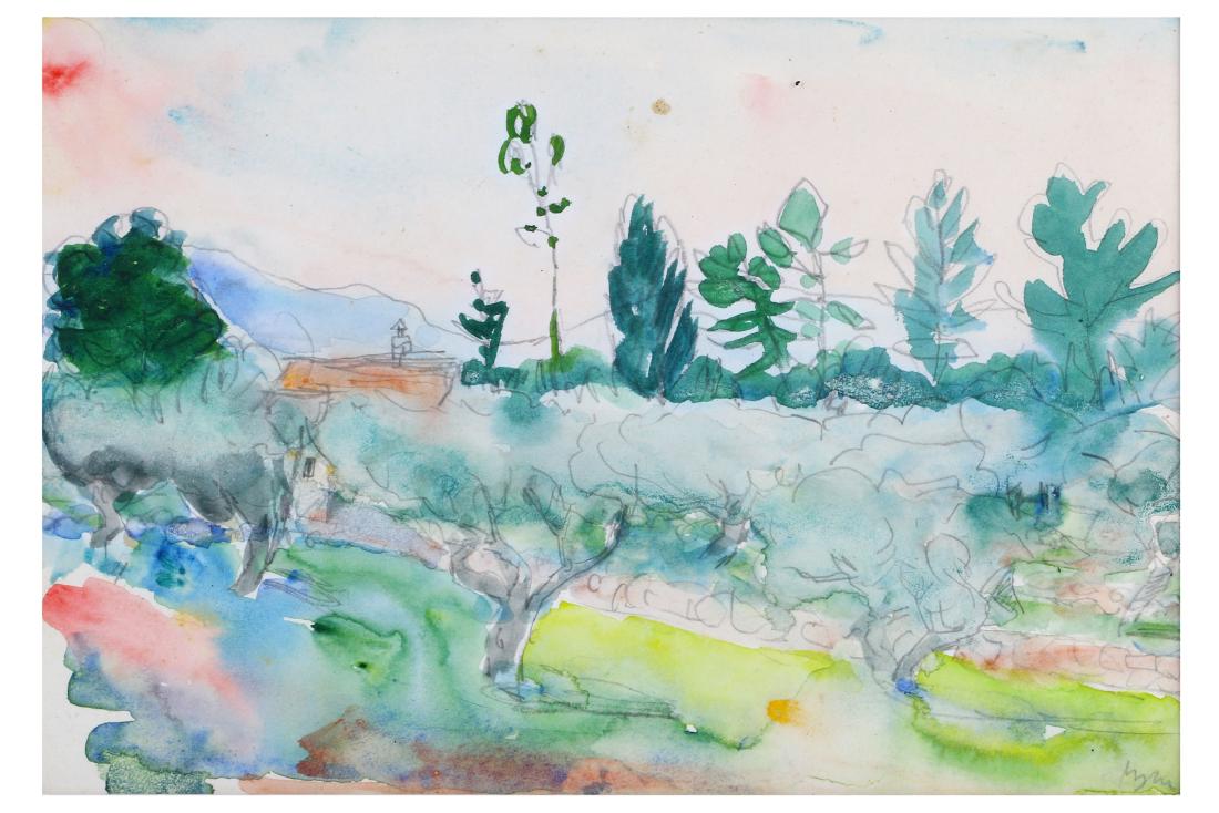 ADRIAN RYAN (1920-1998): ADRIAN RYAN (1920-1998) Campagne Orovida signed 'Ryan' (lower right), inscribed and dated 'to Polly from Ade 1969' (on the reverse) pencil and watercolour 6 1/2 x 9 1/4 in. (16.5 x 23.5 cm.) Provenanc