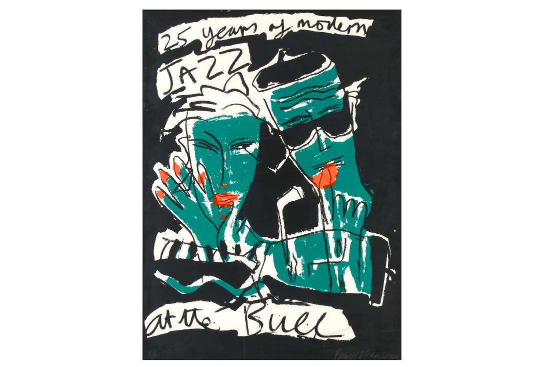 BRUCE MCLEAN (B.1944): BRUCE MCLEAN (B.1944) 25 Years of Modern Jazz at the Bull signed and dated 'Bruce McLean 85' (lower right), numbered 'X8' (lower left) screenprint in colours 39 x 29 in. (99.1 x 73.6 cm.) Provenance: