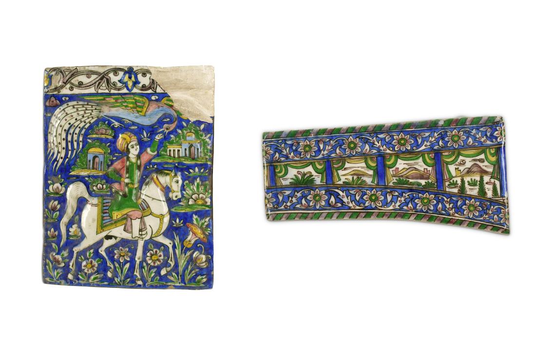 TWO POLYCHROME-PAINTED POTTERY TILES Pahlavi Iran, 20th (1 of 5)