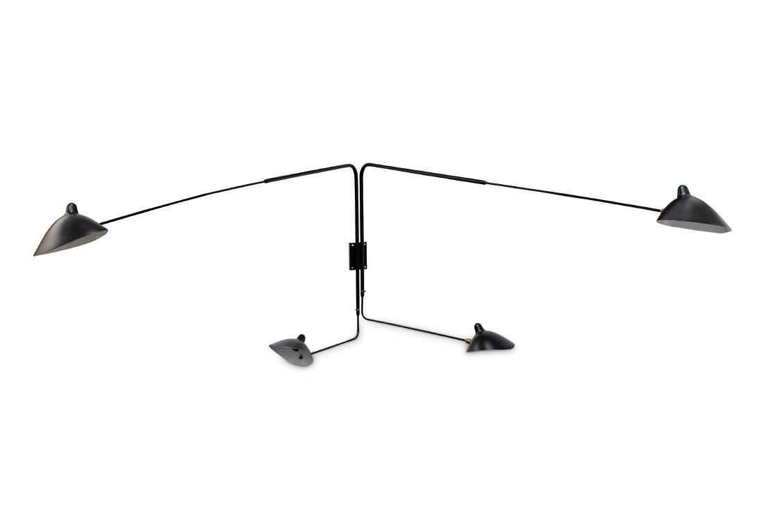 SERGE MOUILLE: Wall Light with four arms, manufactured: SERGE MOUILLE: Wall Light with four arms, manufactured 2010 by Editions Serge Mouille, designed c.1955, painted steel and painted aluminium, longest arms: 234cm With certificate of Authenticity.