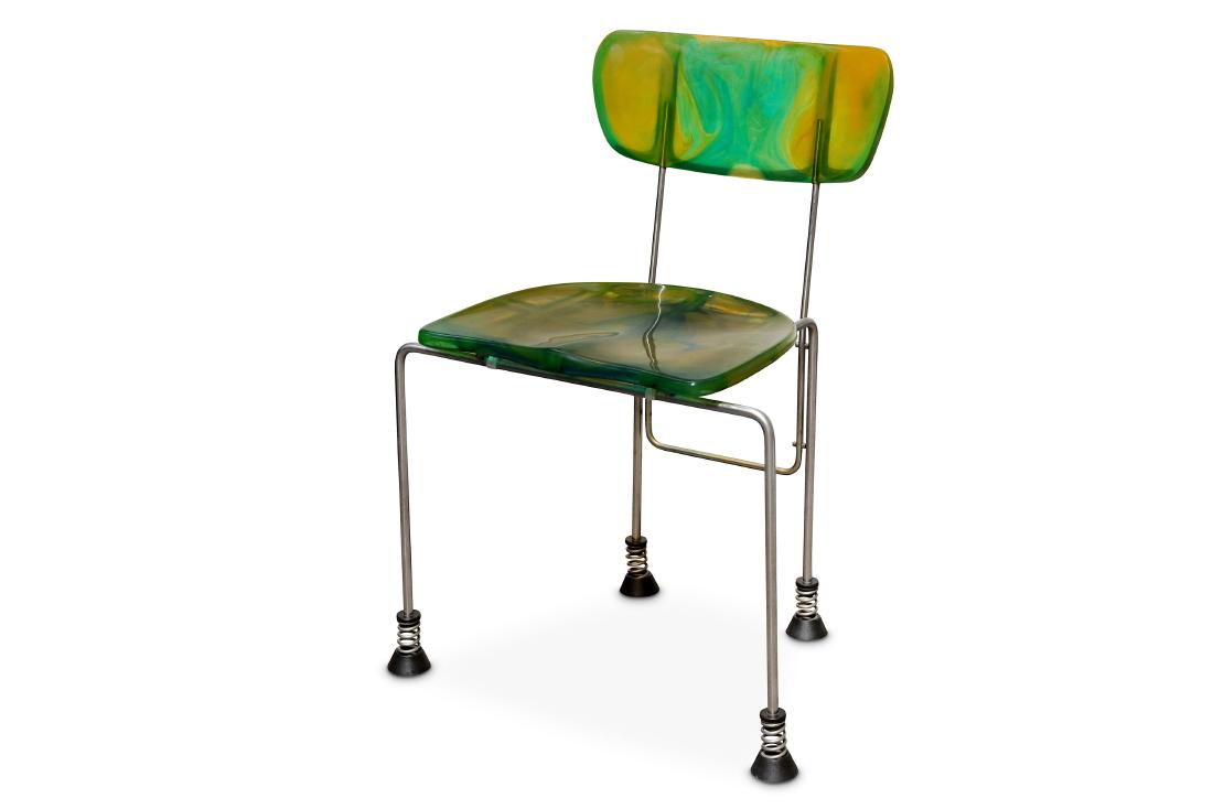 GAETANO PESCE: A Broadway Chair, designed and: GAETANO PESCE: A Broadway Chair, designed and manufactured 1993 for Bernini, moulded plastic, steel rods, spring feet, 74cm high x 50.5cm wide x 45cm deep