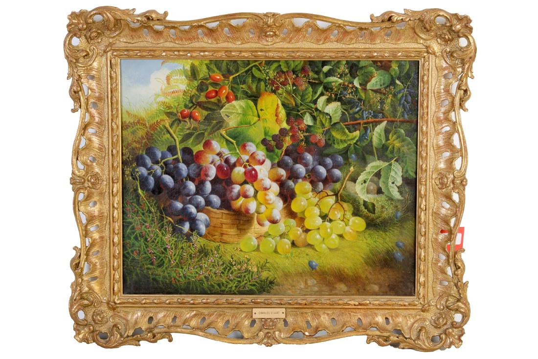 CHARLES STUART (BRITISH 1854-1904): CHARLES STUART (BRITISH 1854-1904) Still life of grapes and raspberry's in a wicker basket amongst foliage Signed Charles Stuart lower left Oil on canvas 44 x 54cm (17 1/4 x 21 1/4in)