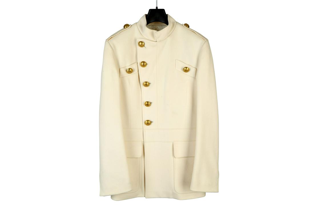 Gucci Men's Cream Wool Military Style Coat: Gucci Men's Cream Wool Military Style Coat, large gilt round buttons, labelled size 46, 20"/50cm chest, 80cm long Condition Grade C- Please refer to department for condition report