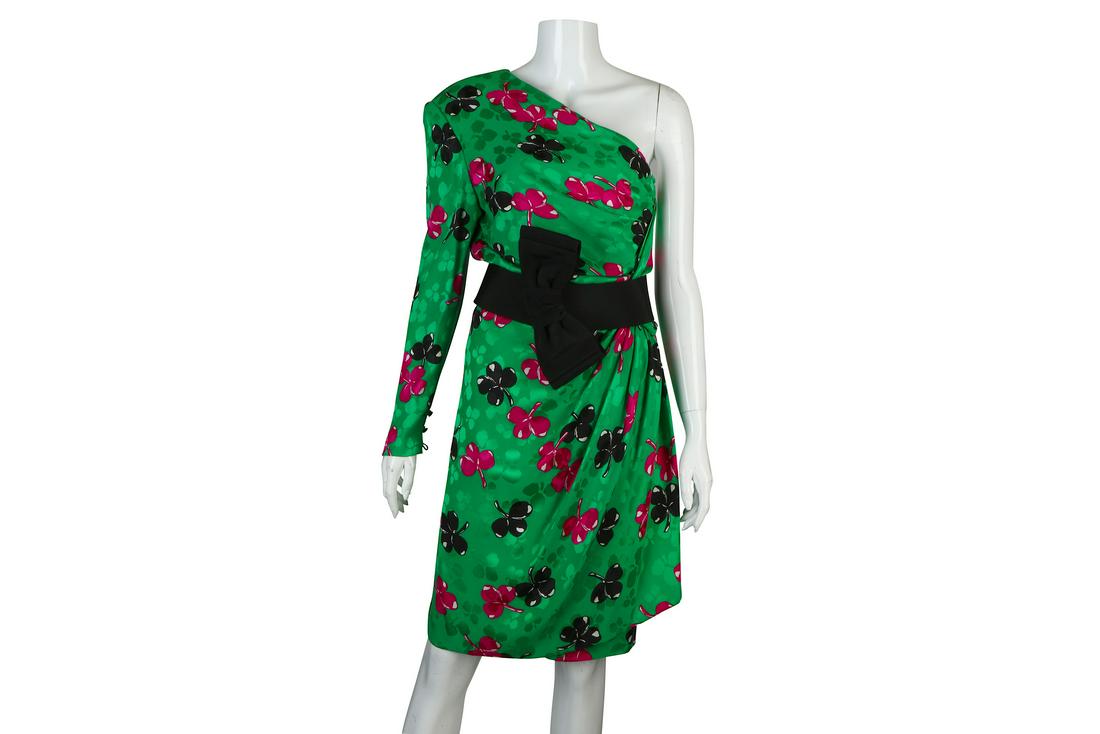 Andrea Odicini Green Silk Cocktail Dress: Andrea Odicini Green Silk Cocktail Dress, 1980s, pink and black clover design and large waist belt, labelled size 44, 16"/40cm chest, 103cm long Condition Grade A Please refer to department for condit