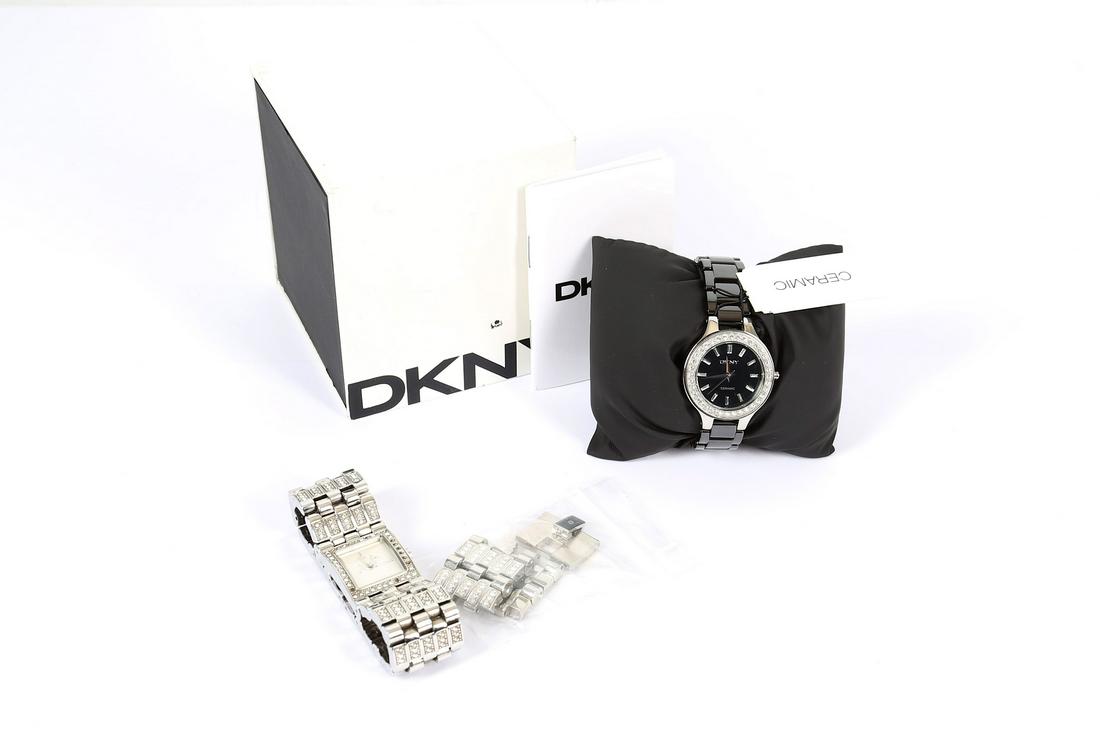 Two Designer Watches: Two Designer Watches, the first by Dolce and Gabbana in stainless steel with crystal design, the second by DKNY in stainless steel and ceramic with crystal bezel (2) Includes DKNY box Condition Grade