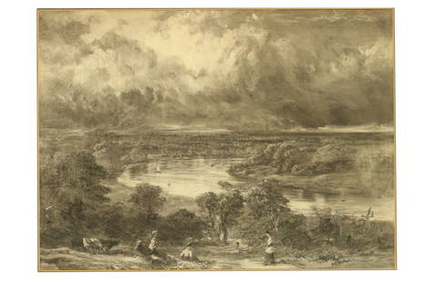 ATTRIBUTED TO WILLIAM BENNETT (BRITISH 1811-1871): ATTRIBUTED TO WILLIAM BENNETT (BRITISH 1811-1871) The Thames from Richmond Hill Black chalk and grey wash 41.5 x 56.5 cm (16 1/4 x 22 1/4 in)