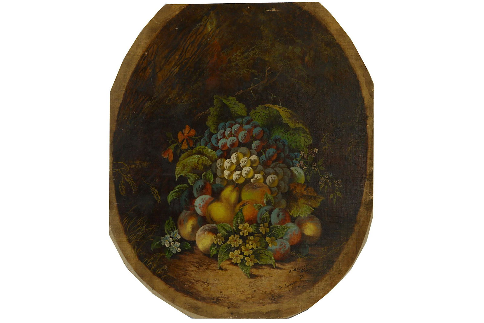 ATTRIBUTED TO PHILIPPE ROUSSEAU (1816-1887): ATTRIBUTED TO PHILIPPE ROUSSEAU (1816-1887) Fruit in Woodland setting Signed and dated Ph. Rousseau/1885 (lower right) Oil on canvas laid on board 70 x 59cm oval