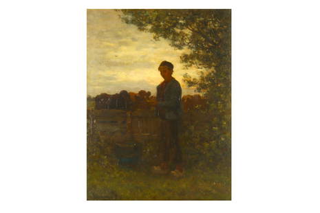 BERNARDUS JOHANNES BLOMMERS (DUTCH 1845-1914): BERNARDUS JOHANNES BLOMMERS (DUTCH 1845-1914) Young herder with cattle Signed (lower left) Oil on panel 46 x 48cm
