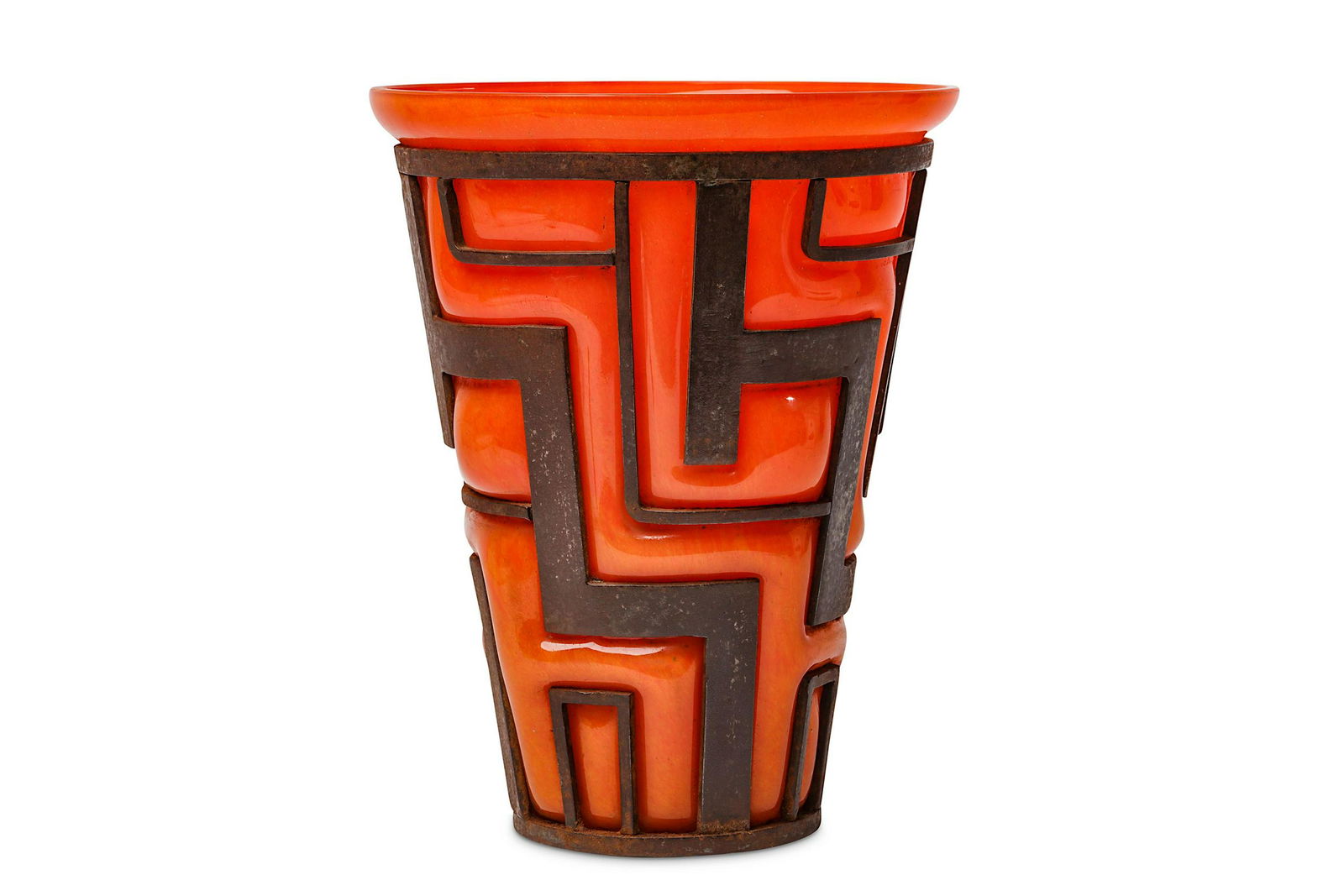 AN ART DECO GLASS AND WROUGHT IRON VASE BY DAUM AND (1 of 4)