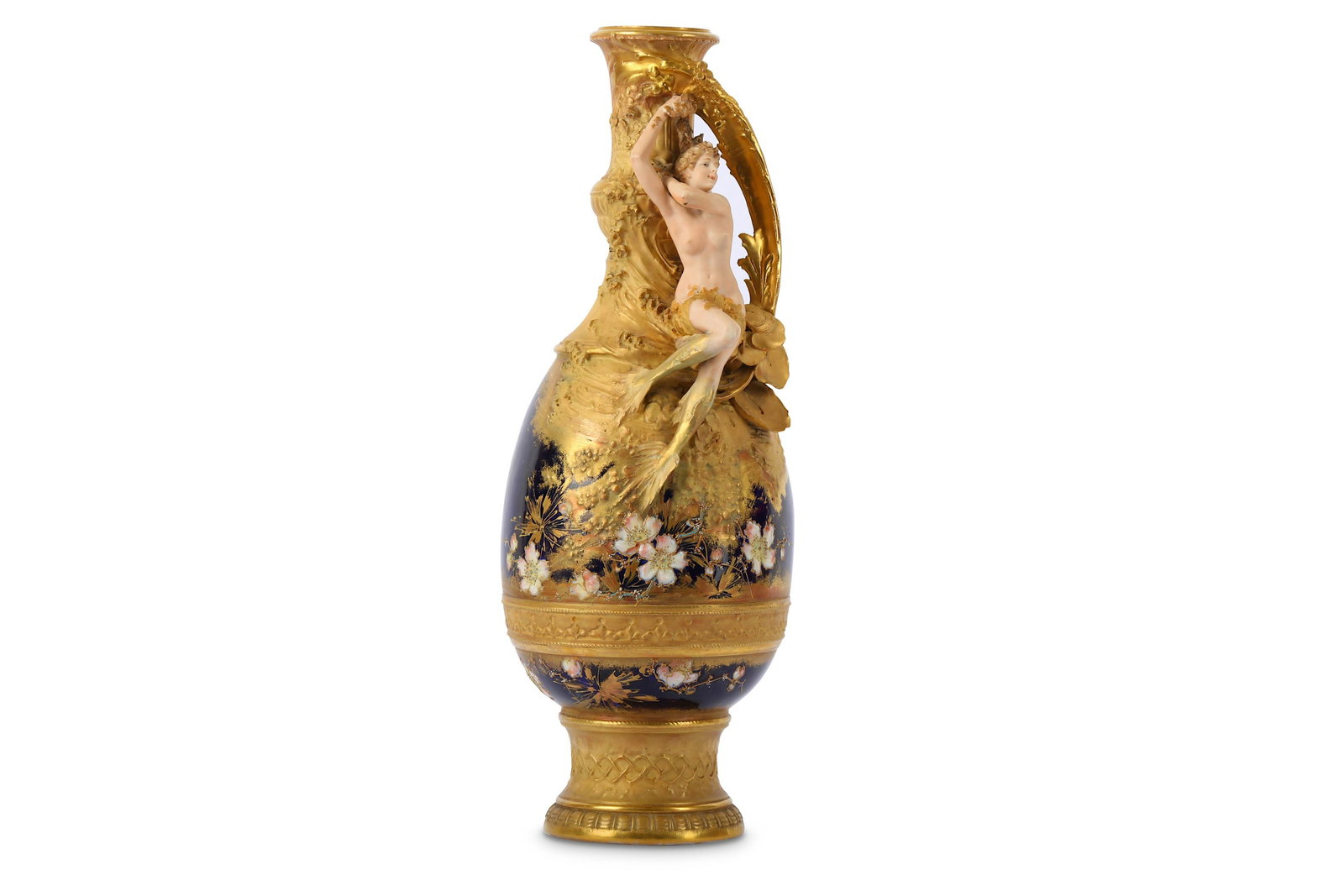 An Austrian Riessner, Stellmacher and Kessel, Turn: An Austrian Riessner, Stellmacher and Kessel, Turn Teplitz large RStK vase decorated with enamelled flowers, gilt foliage and sprays, the handle mounted with a reclining maiden with fishtail legs set 