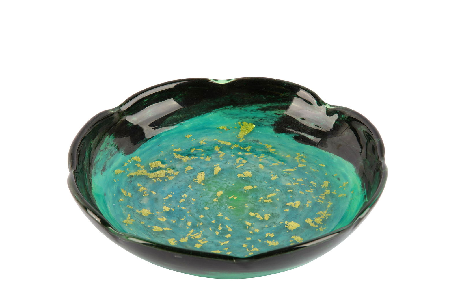 Daum Nancy - A large glass dish green and black ma: Daum Nancy - A large glass dish green and black marmoreal glass dish or coupe, with gold leaf scattered to the central well and polylobed borders, cut signature Daum Nancy with Cross of Lorraine ponti