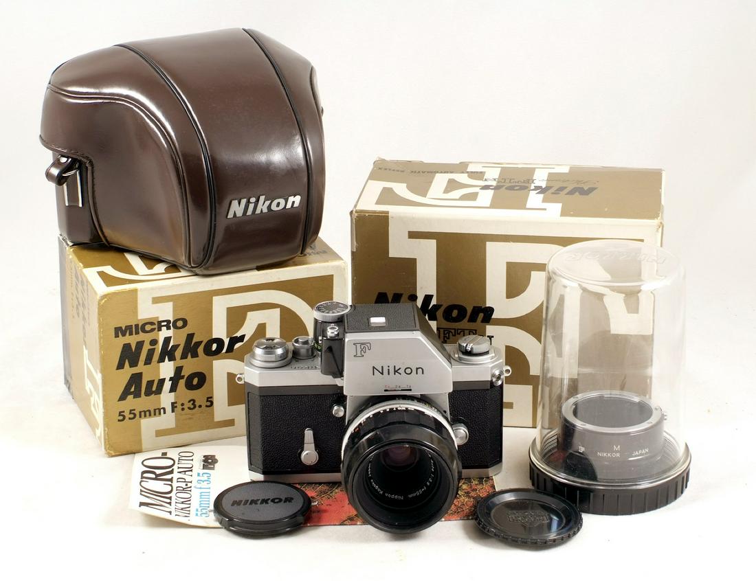 Chrome Nikon FTn Photomic #6920000.: Chrome Nikon FTn Photomic #6920000 (signs of light use, meter untested) in maker's (slightly worn) box with body cap and ERC. Also a Micro Nikkor 55mm f3.5 Pre-Ai lens #215995 (signs of light use) wit