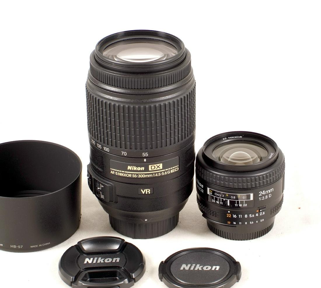 Nikkor 24mm f2.8 & 55-300mm AF-S G Lenses.: Two Nikkor Autofocus Lenses. Comprising Nikkor 24mm f2.8 D & a 55-300mm AF-S f4.5-5.6 G ED zoom lens. Both with signs of light use and checked OK on Nikon DSLR.