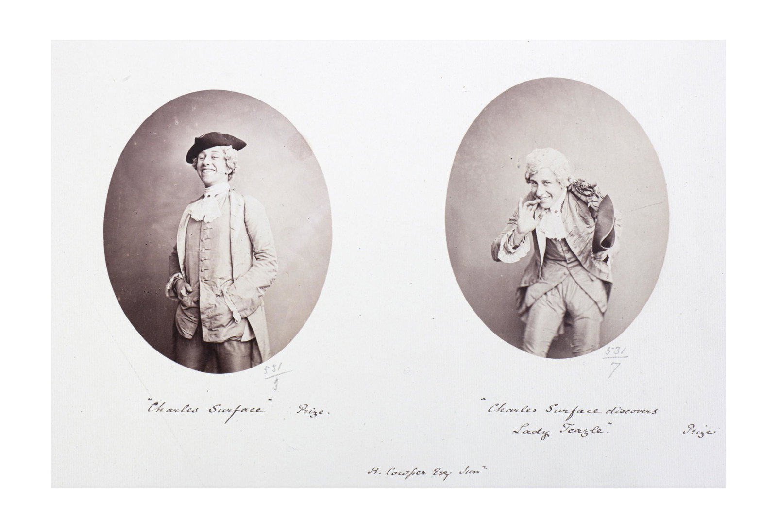 Henry Montague Cooper (1864â€“n/a): Henry Montague Cooper (1864â€“n/a) CHARLES SURFACE, from 'The School for Scandal', c.1890s. Albumen prints (2), imaze size approx.110 x 90mm, mounted on album leave, titled and and attributed in 