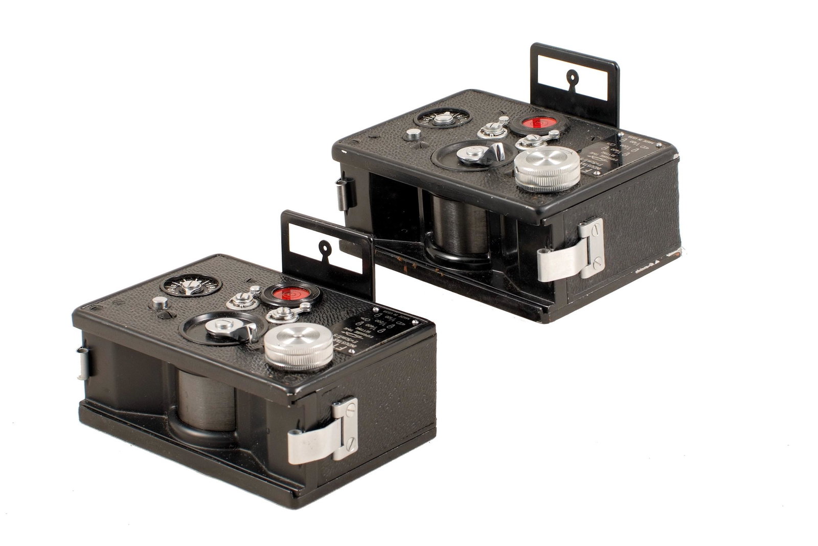 A Pair of Soviet FT-2 35mm Panoramic Cameras.: A Pair of Soviet FT-2 35mm Panoramic Cameras. Both top-mounted lever versions. #620760 (signs of normal use, shutter firing) with one cassette and ERC. Also #620137 (signs of heavy use, back stiff to 