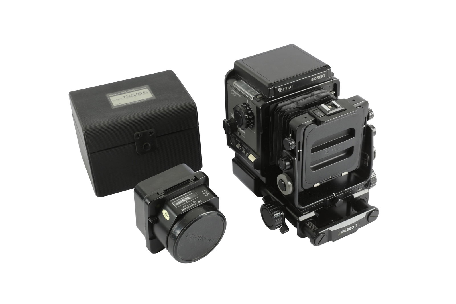A Fuji GX680 II Professional Medium Format Camera: A Fuji GX680 Professional Medium Format Camera Serial No: 1060102 Body: VG Shutter: working Lens: EBC Fujinon135mm f/5.6 GX (4010099) Notes: camera and lens with matching numbers boxes, camera missing