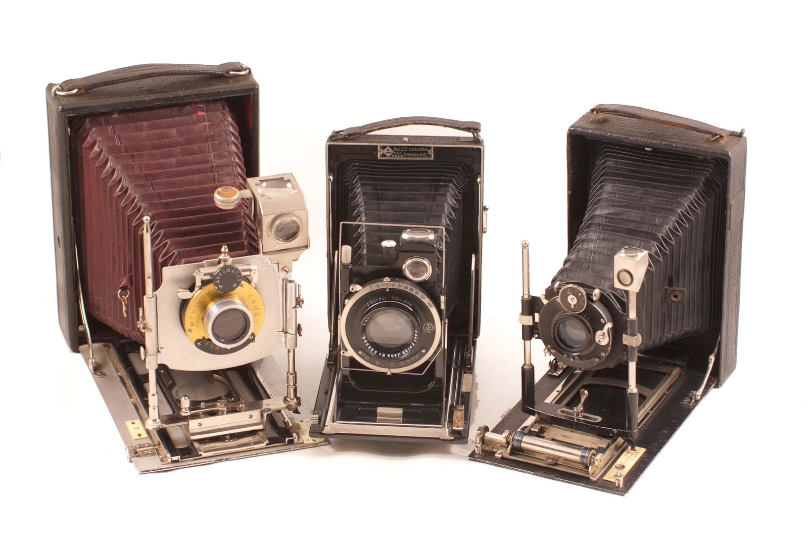 Large Cameo with Maroon Bellows & Other Folding: Large Cameo with Maroon Bellows & Other Folding Cameras. Comprising Camera; KW Euti and an uncommon Gorex Autofoc Tenax with unusual spring-loaded lens board. Each in good, working condition with plat