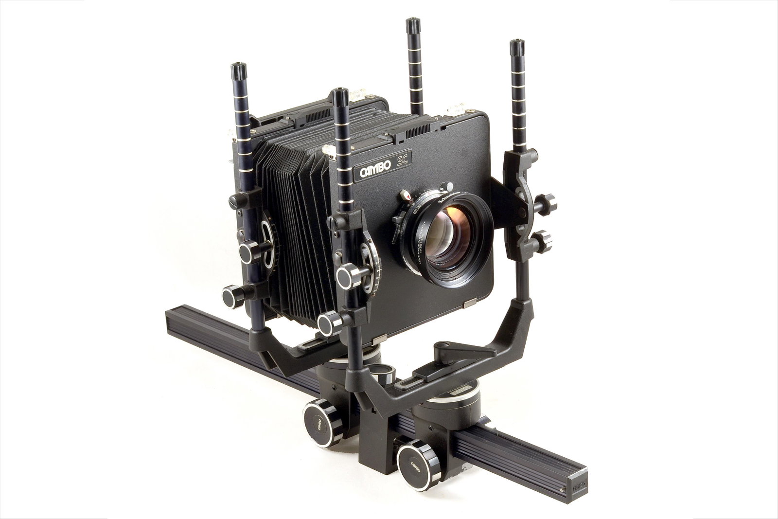 Cambo SC 5x4 Monorail Outfit.: Cambo SC 5x4 Monorail Outfit. Comprising body #56825 (slight discolouration to bellows, otherwise signs of light/normal use); Schneider 90mm f8 Super-Angulon #7577053 (shutters speeds sound OK, some i