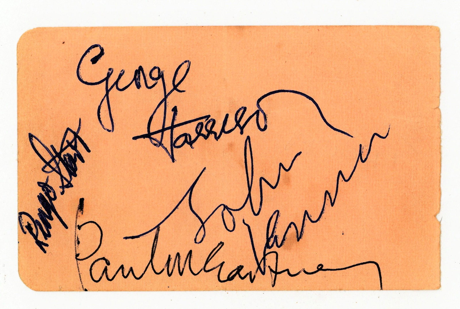 Beatles, The: Beatles, The Album page signed by Paul McCartney, George Harrison and John Lennon, with Ringo Starr's signature added by George, loosely inserted in an autograph album also comprising signatures by Ha