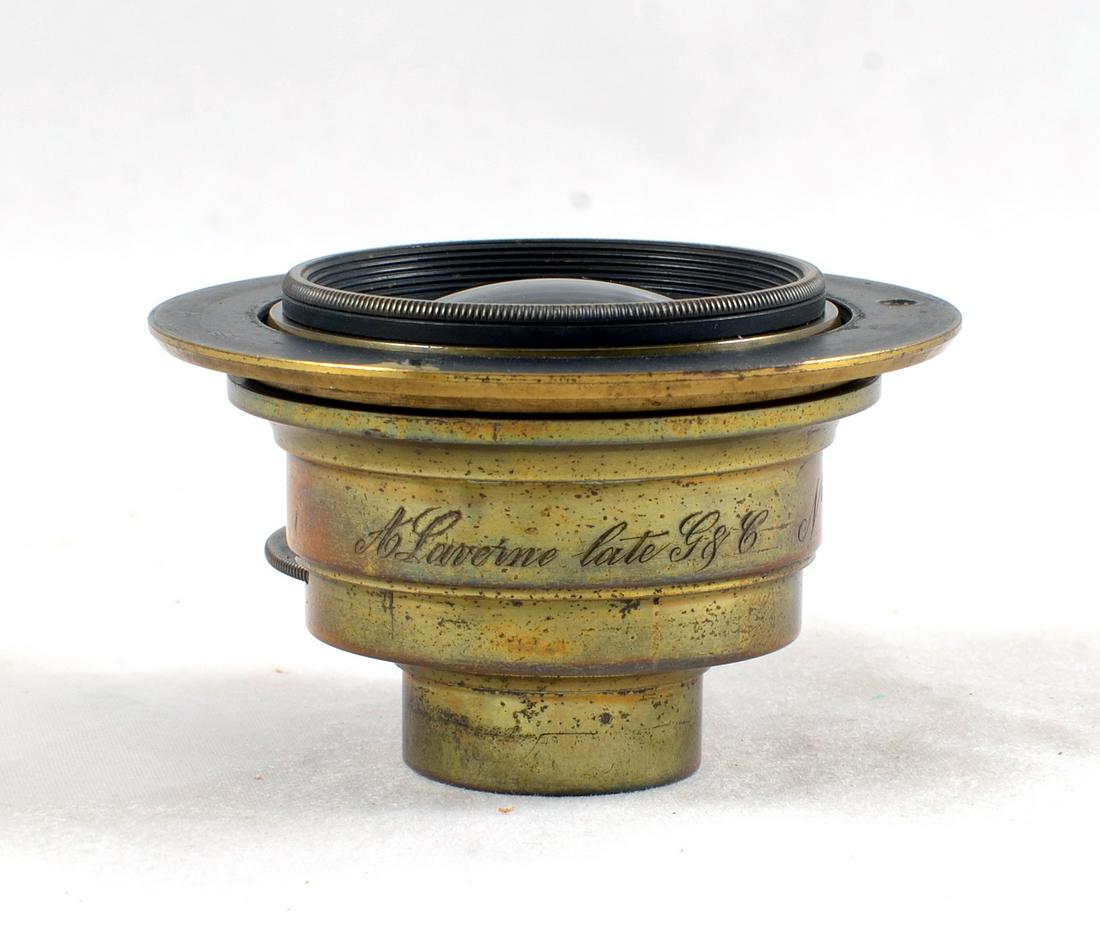 A Rare Laverne No.106 Brass "Copying and Views" Lens.: A Rare Laverne No.106 Brass "Copying and Views" Lens. #90513, with rotary stops and mounting flange. Signs of normal use, glass OK.