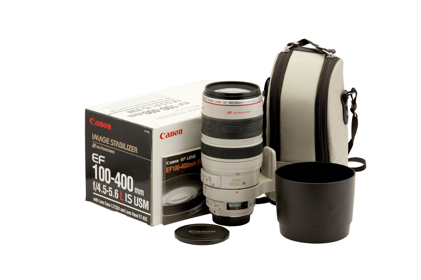 A Canon EF 100 - 400mm f/4.5-5.6 L IS USM Zoom Lens: A Canon EF 100 - 400mm f/4.5-5.6 L IS USM Zoom Lens Serial No: 244012 Barrel: VG Optics: VG Notes: with maker's caps, ET-83C lens hood, LZ1324 lens bag, and matching numbers box Equipment from the est