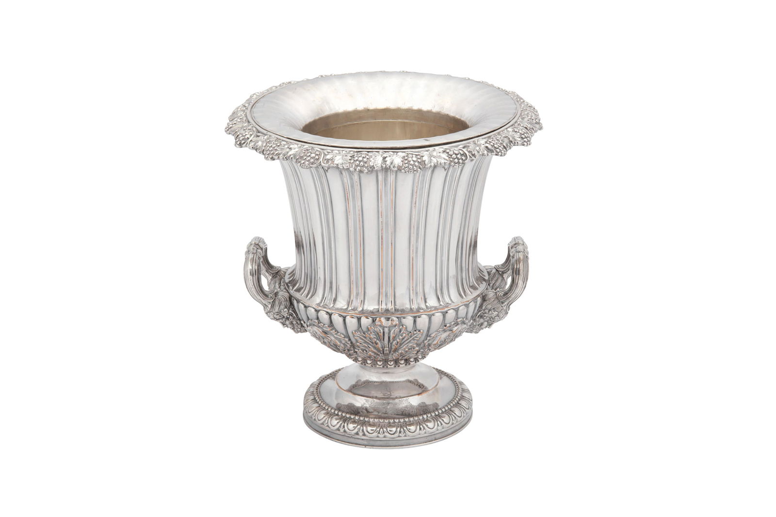 A George IV Old Sheffield Silver plate wine cooler,: A George IV Old Sheffield Silver plate wine cooler, Sheffield circa 1825 Of fluted campana form upon a circular base with an egg and dart rim, the everted upper rim formed as fruiting vine. The twin h