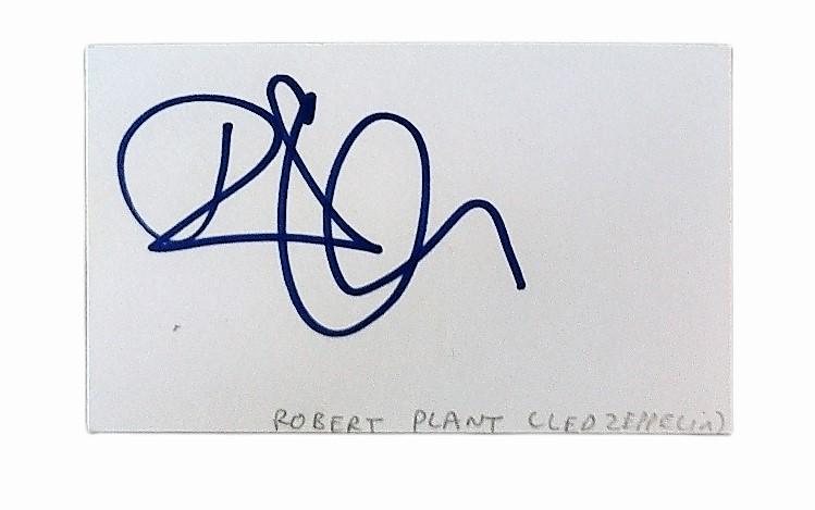 Plant (Robert): Plant (Robert) Blue ink signature of Robert Plant on white index card, signer's name annotated in pencil by collector, in excellent condition, 7.7 x 12.7cm. PROVENANCE: signature was personally obtain