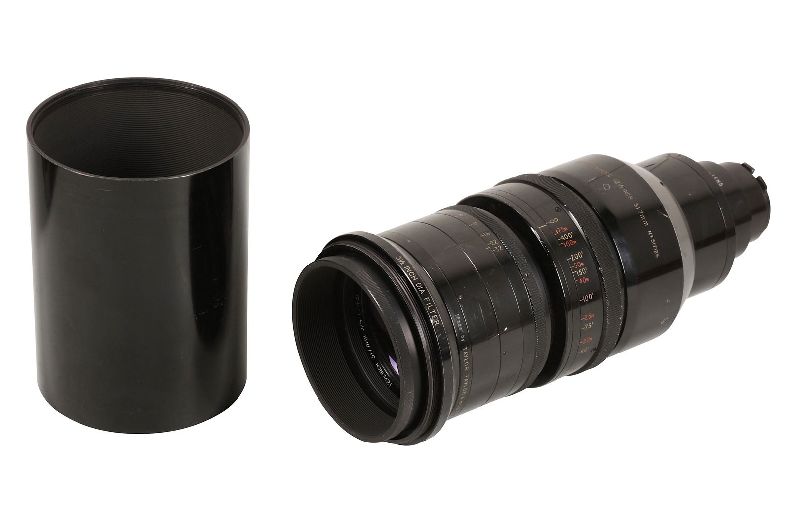 A Taylor Hobson 12 1/2" 317mm T/4.5 f/4 Cooke Telepanchro Cine Lens: A Taylor Hobson 12 1/2" 317mm T/4.5 f/4 Cooke Telepanchro Cine Lens Serial No: 517126 Barrel: G - some paint wear and "L9" scratched into barrel. Optics: F/VG - one very small scratch to rear element