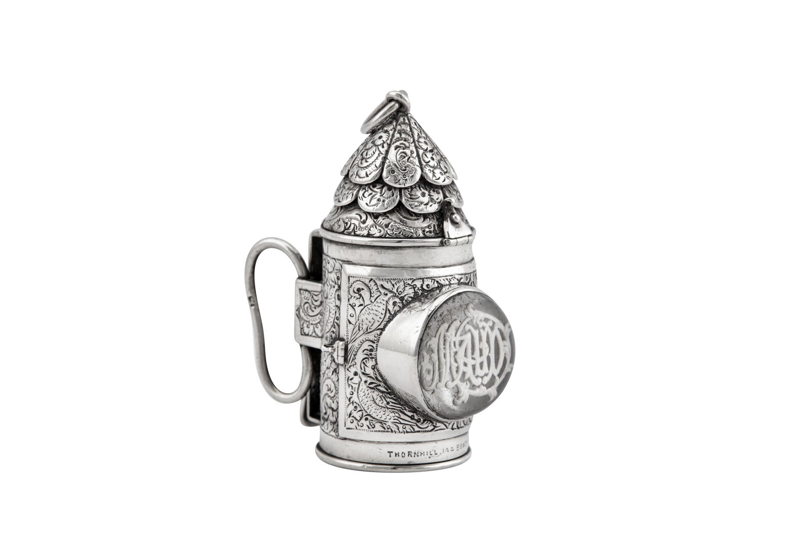 A rare Victorian sterling silver novelty vinaigrette and sewing companion, London 1875 by Thomas: A rare Victorian sterling silver novelty vinaigrette and sewing companion, London 1875 by Thomas Johnson I, retailed by Walter Thornhill formed as a dark lantern, with ring attachment as well as side