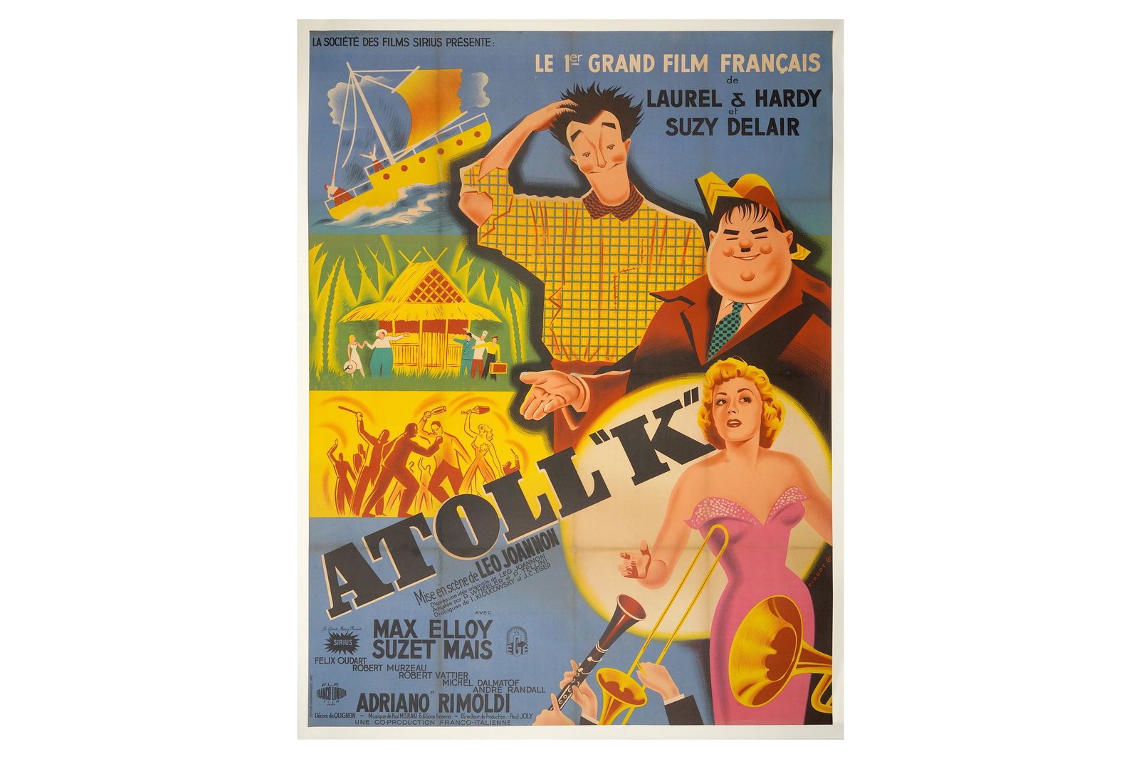 Movie Poster.- Atoll "K" (1950): Movie Poster.- Atoll "K" (1950) Atoll "K", one sheet, French, artwork by Pigeaut, the movie starring Stan Laurel, Oliver Hardy, Suzy Delair, Max Elloy, Suzet Mais, Felix Oudart, Robert Murzeau, Robert