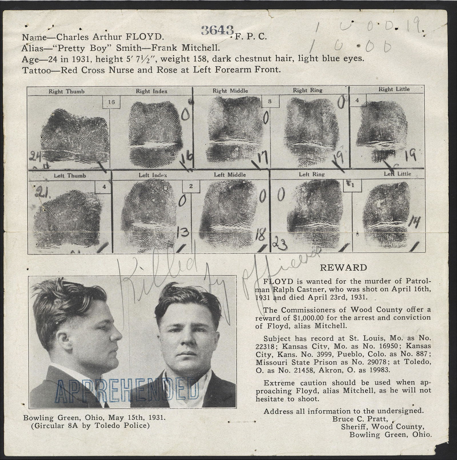 FBI Interest: FBI Interest Early local wanted poster for Charles 'Pretty Boy' Floyd, contemporary pencil annotations, one reading "killed by officers", occasional pin and staple holes. small loss to lower right cor