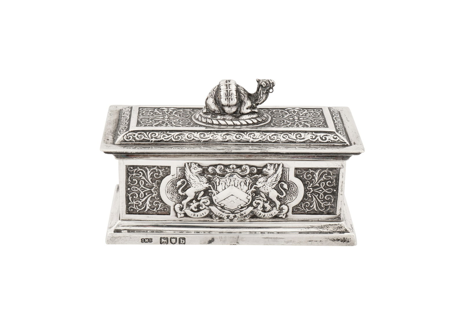 A Victorian sterling silver commemorative box, London 1897 by John Marshall Spink (Spink and Son): A Victorian sterling silver commemorative box, London 1897 by John Marshall Spink (Spink and Son) Of rectangular form with a pull off lid surmounted by a heraldic finial of the crest of a camel, each