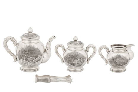 A mid- 20th century Vietnamese silver three-piece tea service, Hanoi circa 1960: A mid-20th century Vietnamese silver three-piece tea service, Hanoi circa 1960 Comprising a teapot, a milk jug, a twin handled sugar bowl, and a pair of sugar tongs. Each of ovoid form upon a spreadin