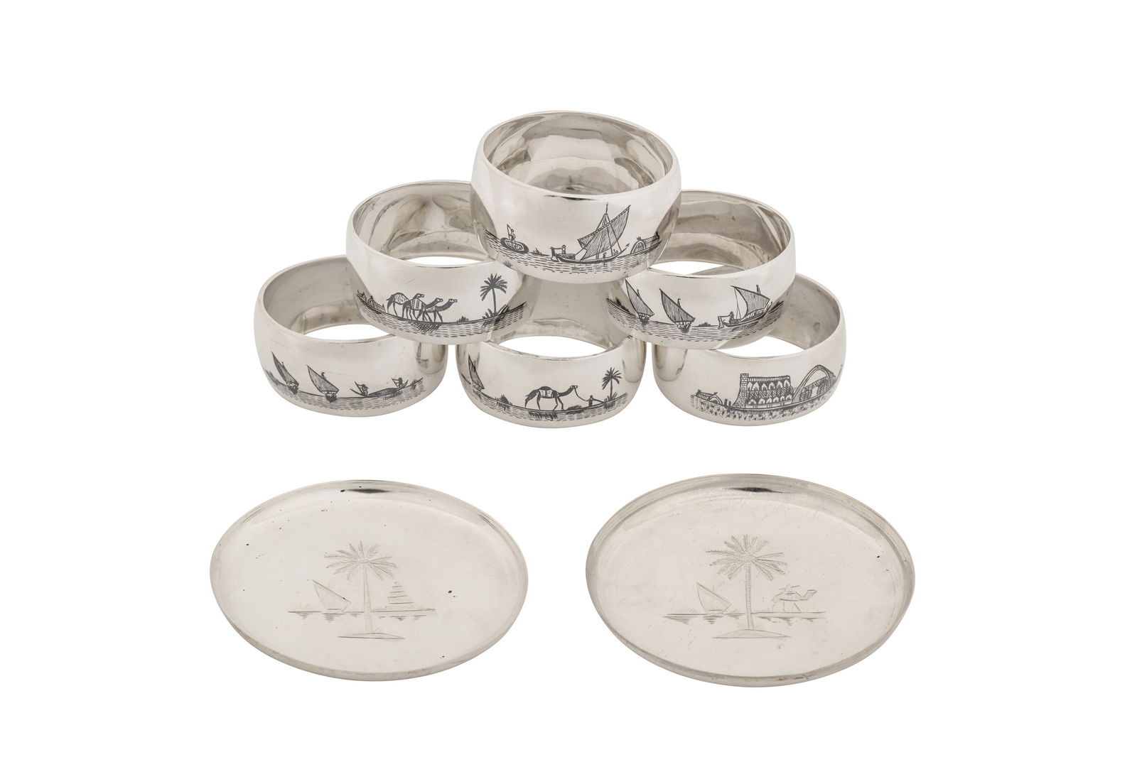 A set of six mid-20th century Iraqi silver and niello napkin rings, Basra circa 1950 (1 of 1)