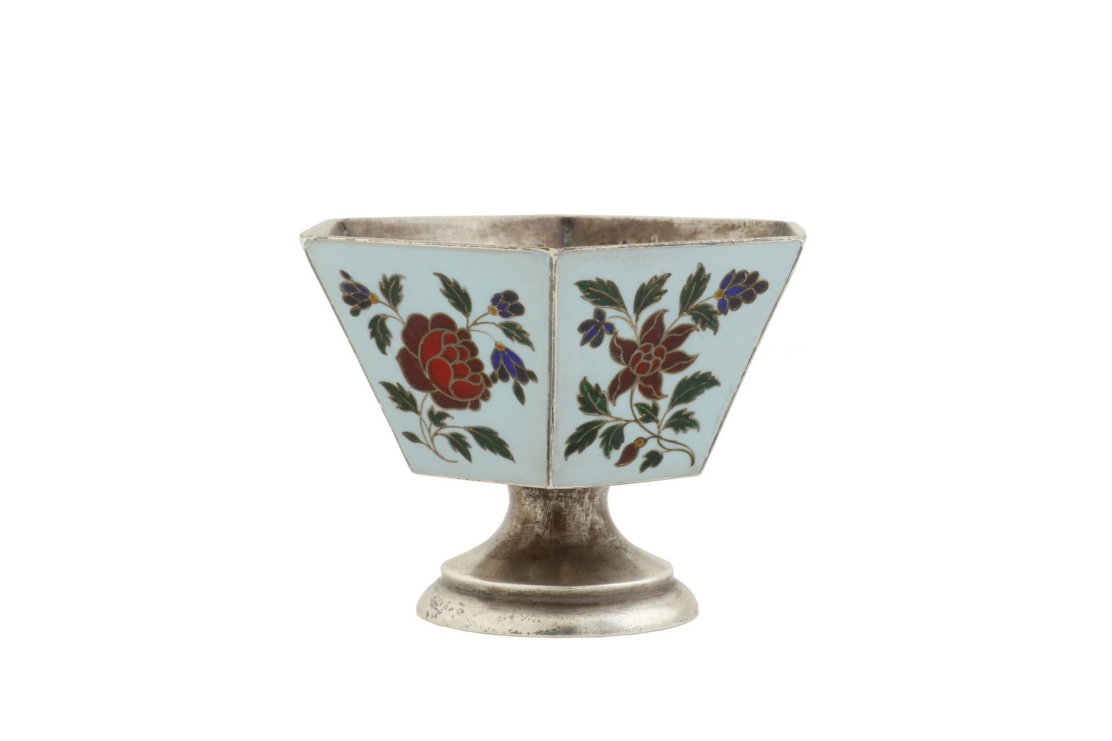 An Alexander III late 19th century Russian 875 standard silver and plique-à-jour enamel footed: An Alexander III late 19th century Russian 875 standard silver and plique-à-jour enamel footed cup, Saint Petersburg circa 1890 by A.?, retailed by Grachev Brothers Of tapering hexagonal form upo