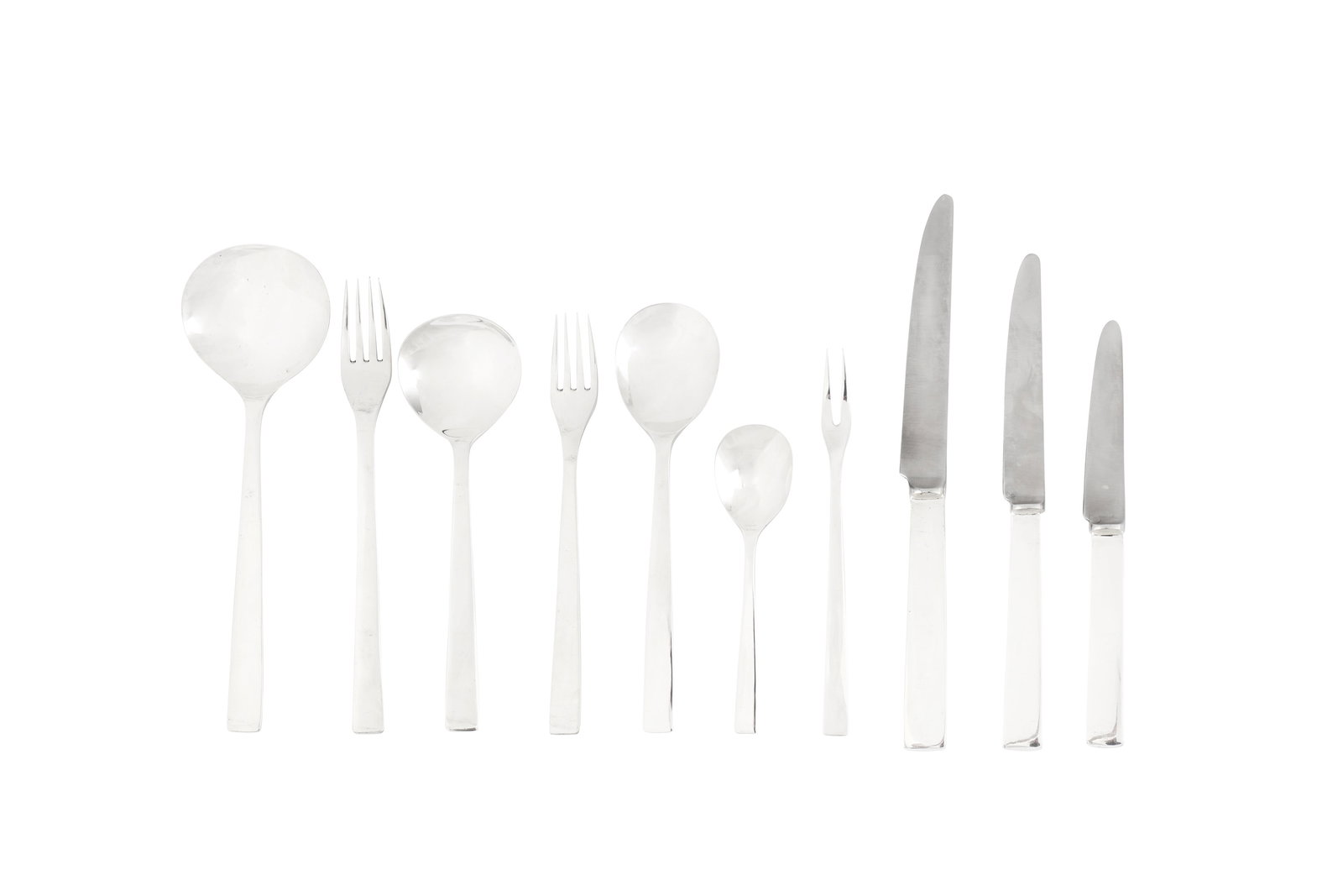 An Elizabeth II modernist sterling silver table service of flatware / canteen, London 1966 by Gerald: An Elizabeth II modernist sterling silver table service of flatware / canteen, London 1966 by Gerald Benney (1930-2008) Comprising: 12 table forks 12 soup spoons 12 dessert forks 12 dessert spoons 12